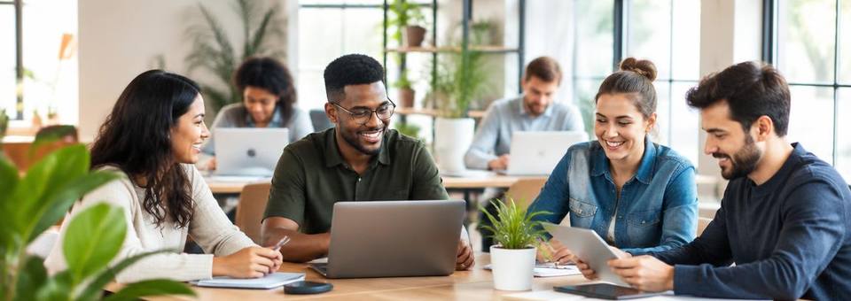 Helles Büro mit einem Team bei der Zusammenarbeit