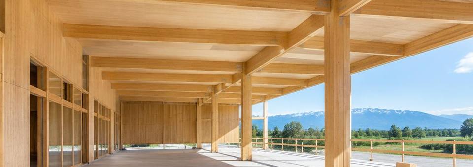 Moderner Holzbau mit sichtbaren Brettschichtholzträgern