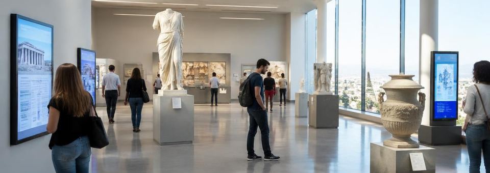 Besucher in einem hellen Museum mit digitalen Infotafeln