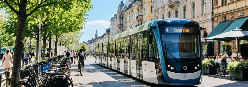 Straßenbahn und Fahrräder in einer hellen Innenstadt