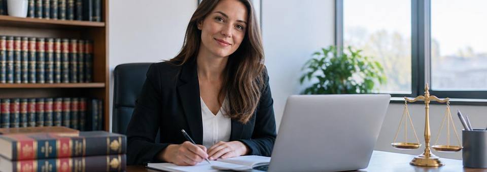 Juristischer Arbeitsplatz mit Fachbüchern und Laptop