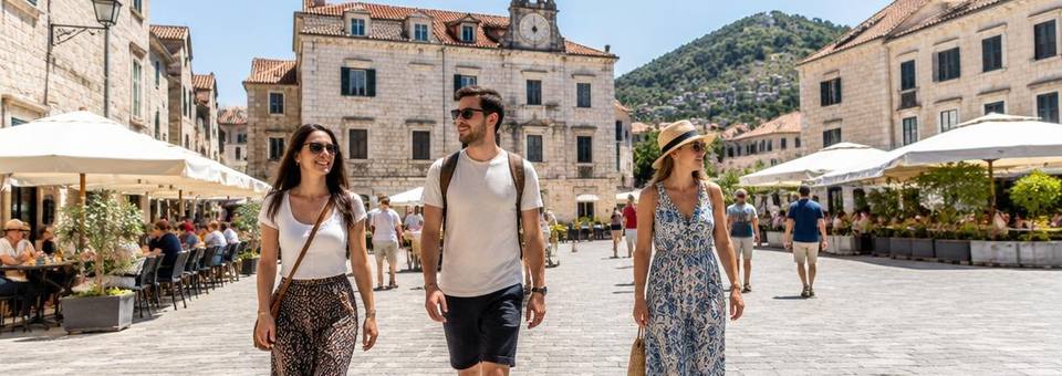 Besucherinnen und Besucher in einer sonnigen Altstadt