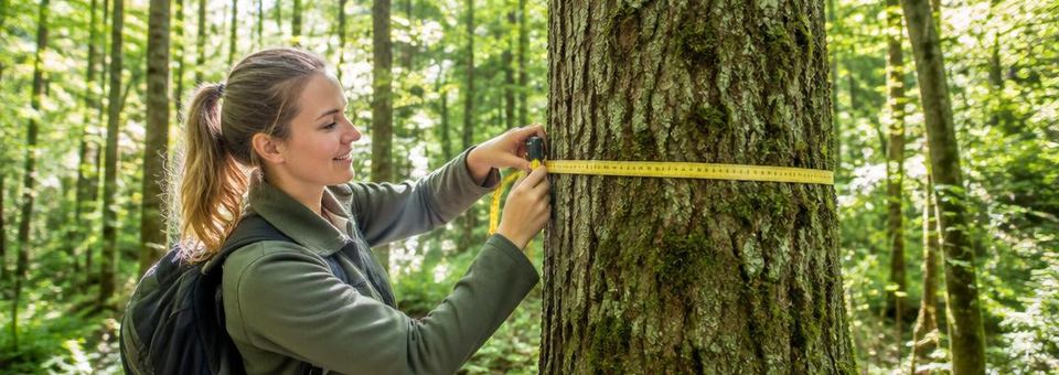 Forscherin vermisst einen Baum im sonnigen Wald